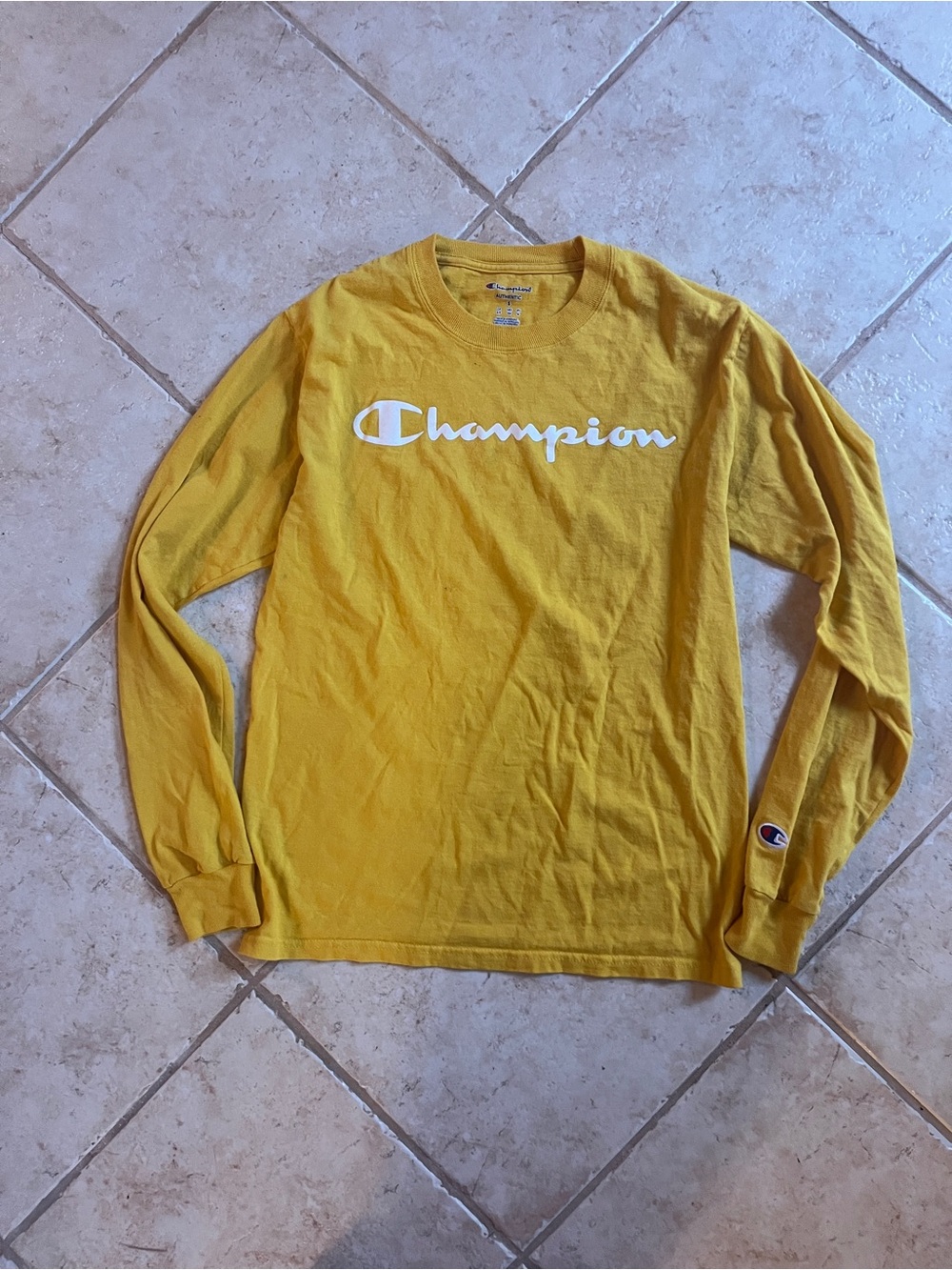 Champion long sleeve t shirt goldish yellow adult size small- gender neutral